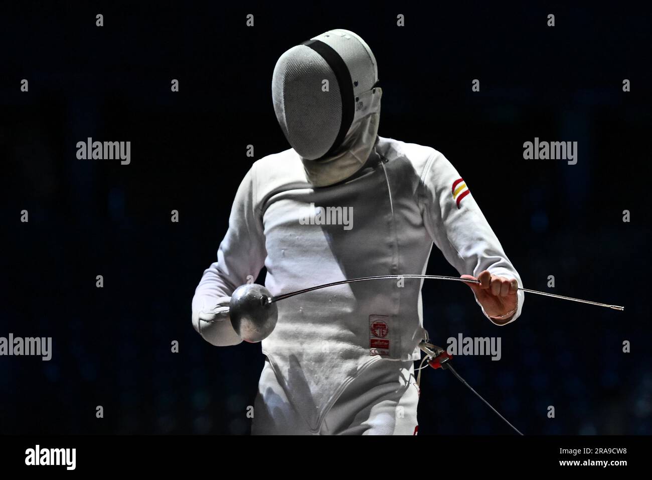 KRAKOW, POLAND 27 JUNE: Manuel Bargues of Spain during Fencing - Men's pe Individual Semifinal 2 at day eight of the European Games 2023 at Tauron A Stock Photo