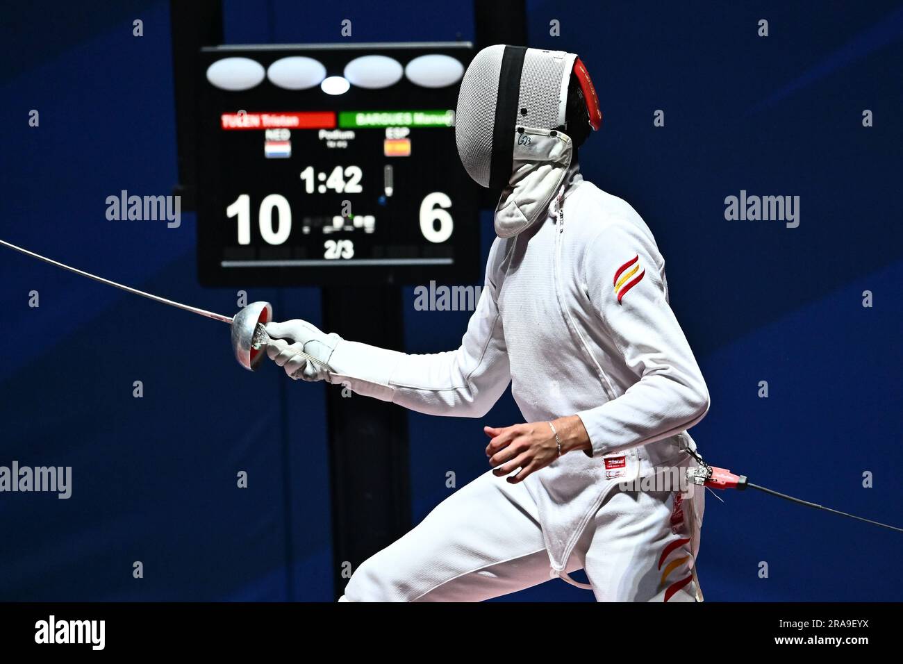 KRAKOW, POLAND 27 JUNE: Manuel Bargues of Spain during Fencing - Men's pe Individual Semifinal 2 at day eight of the European Games 2023 at Tauron A Stock Photo