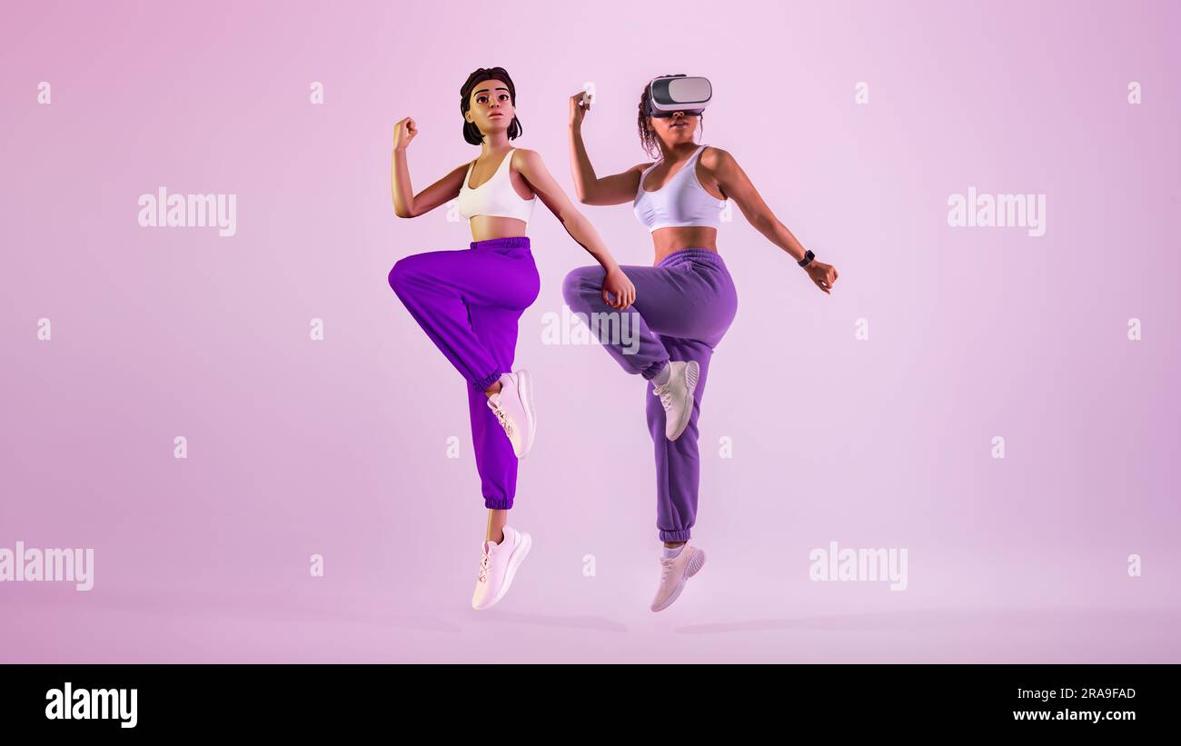 Young african american woman wearing vr headset playing dancing game in ...
