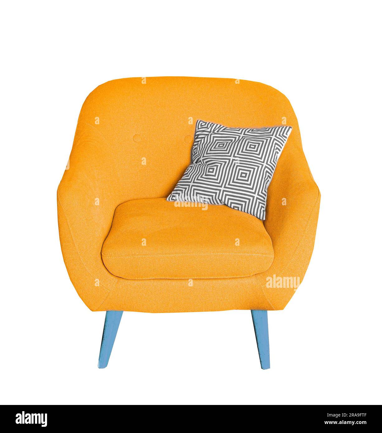 Easy chair on a white background. Yellow blue furniture modern furniture. Armchair with cushion. Room and interior decor. Stock Photo