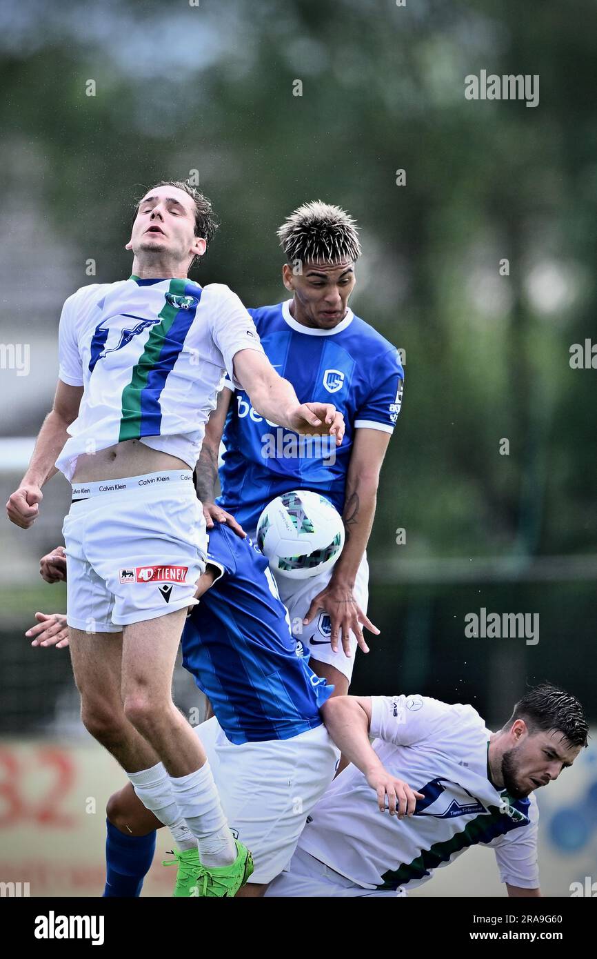 GENK, BELGIUM - JULY 14: Mujaid Sadick of Genk coaches his teammates during  the Club Friendly match between KRC Genk and AZ Alkmaar at Luminus Arena on  July 14, 2021 in Genk