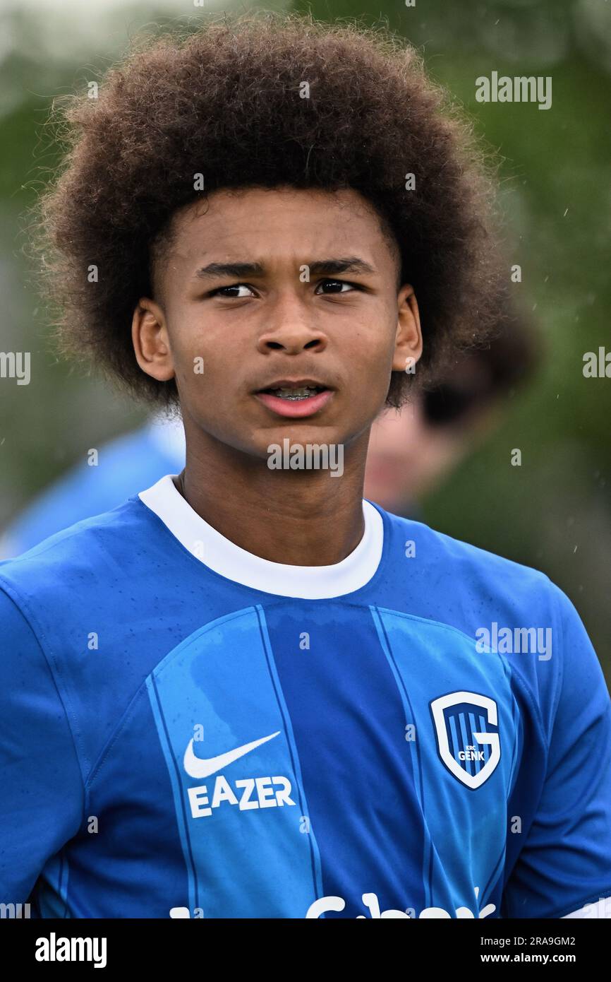 GENK, BELGIUM - JULY 14: Mujaid Sadick of Genk coaches his teammates during  the Club Friendly match between KRC Genk and AZ Alkmaar at Luminus Arena on  July 14, 2021 in Genk