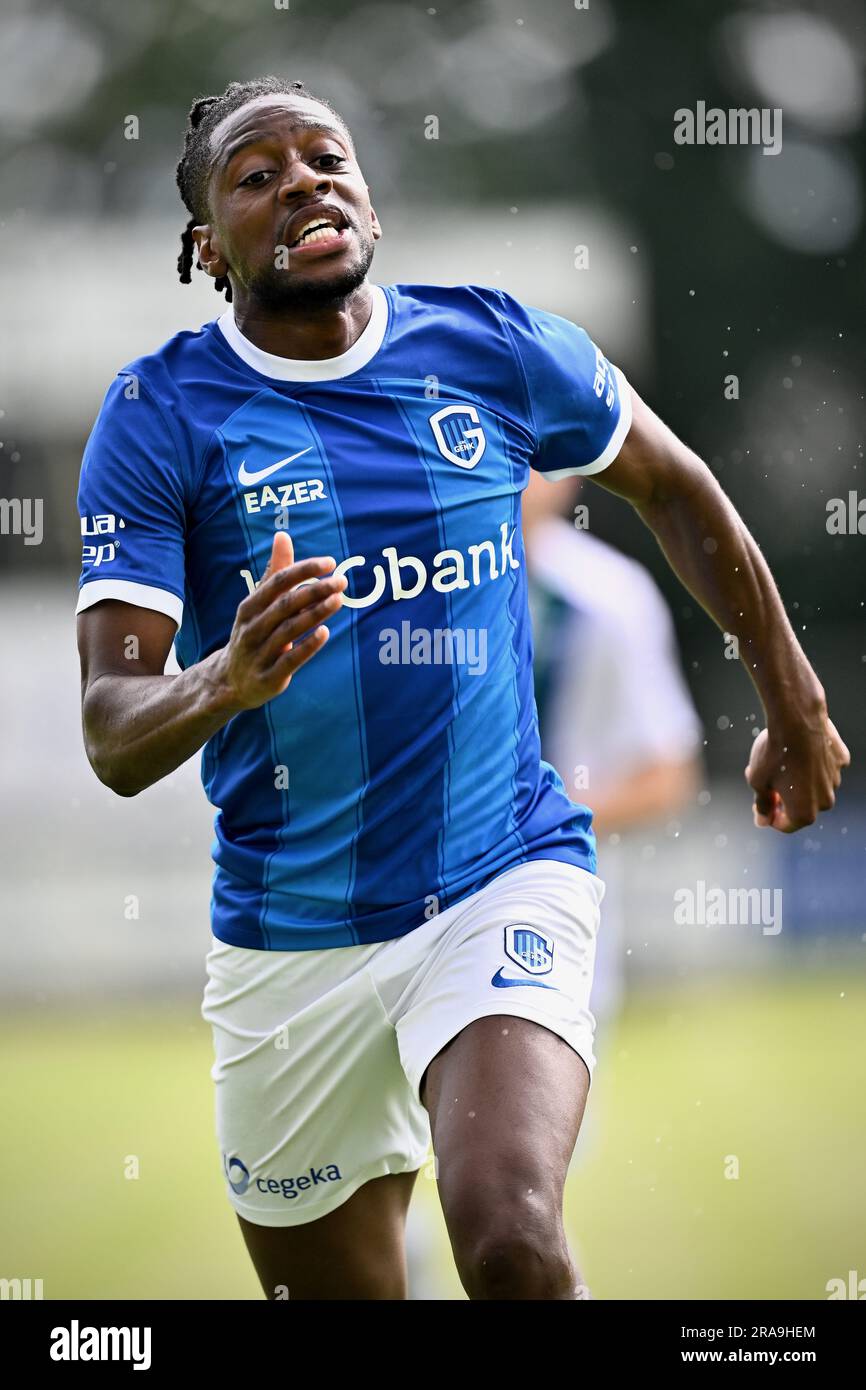 GENK, BELGIUM - JULY 14: Mujaid Sadick of Genk coaches his teammates during  the Club Friendly match between KRC Genk and AZ Alkmaar at Luminus Arena on  July 14, 2021 in Genk