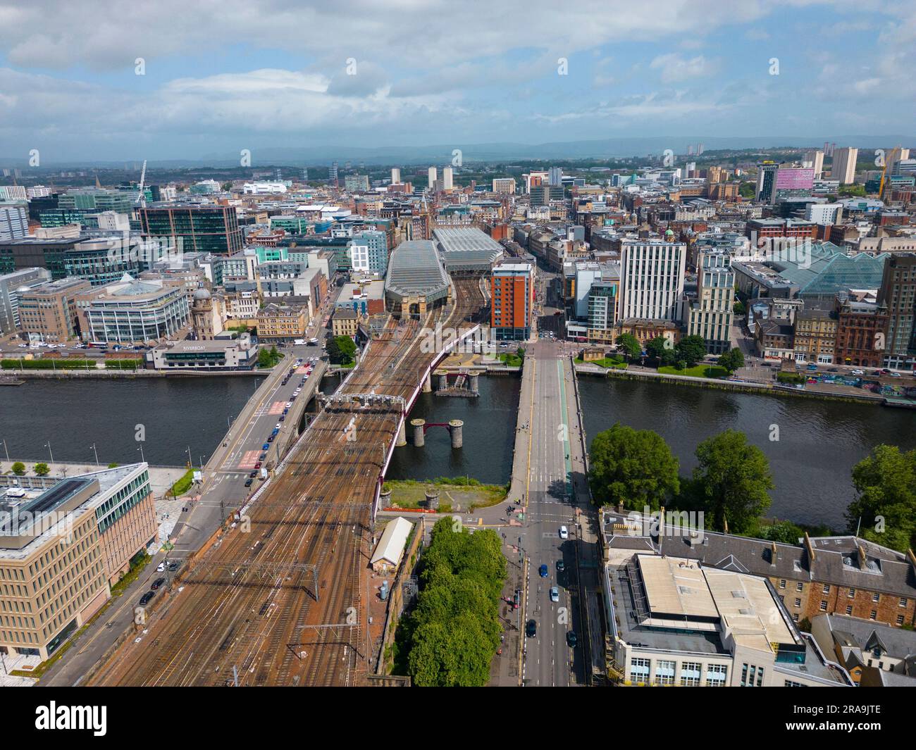 Aerial view from drone of bridges crossing River Clyde in Glasgow city centre, Scotland, UK Stock Photo