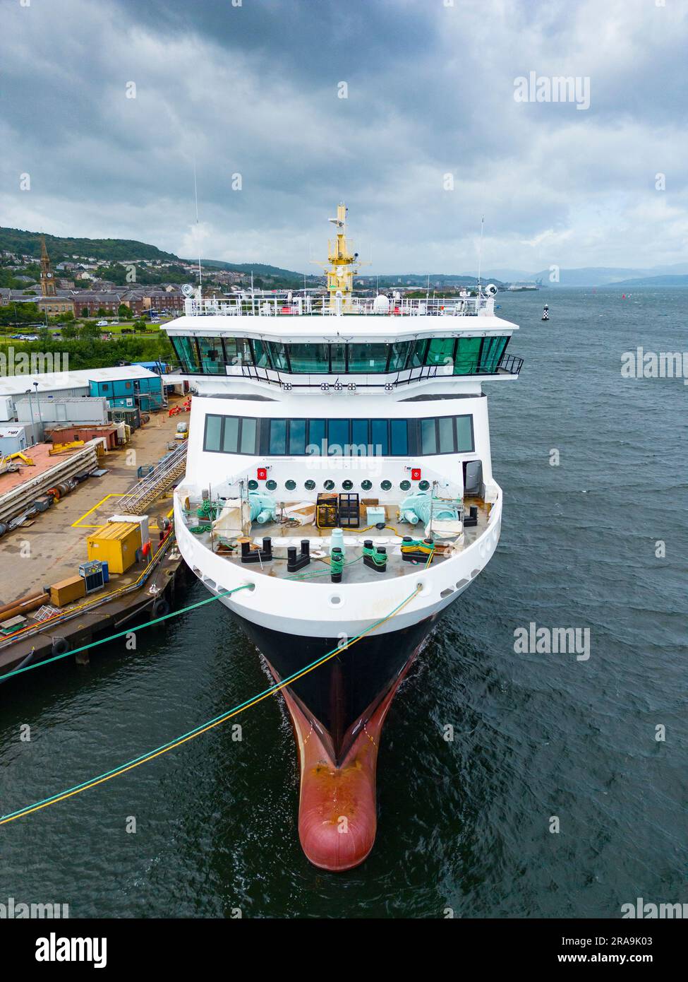 Latest aerial views of delayed MV Glen Sannox passenger ferry under construction at Ferguson marine shipyard in Port Glasgow. Scotland, Uk Stock Photo