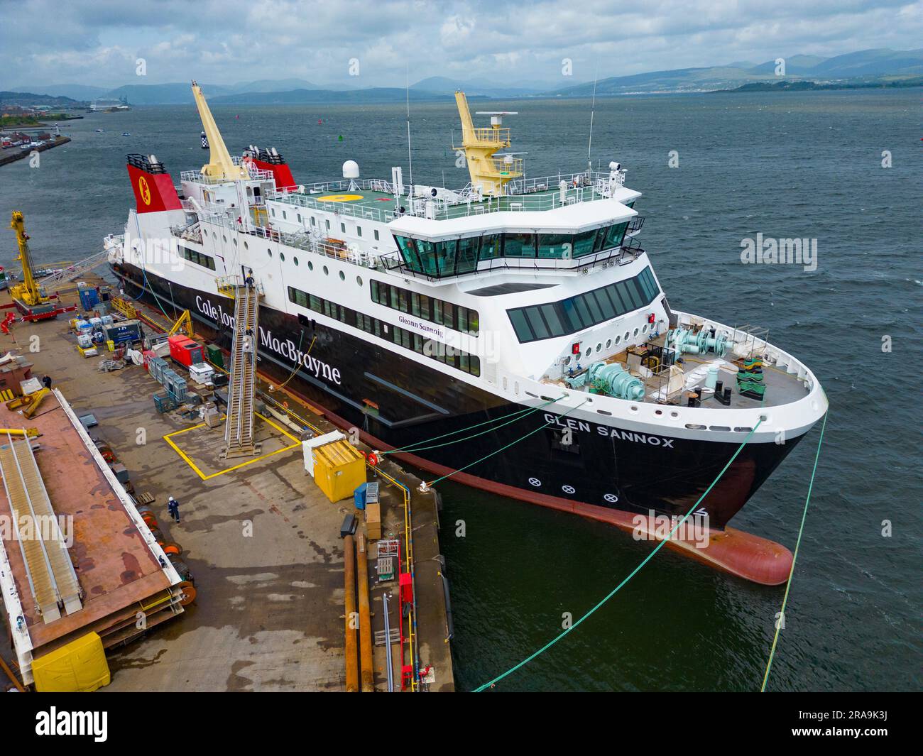 Latest aerial views of delayed MV Glen Sannox passenger ferry under construction at Ferguson marine shipyard in Port Glasgow. Scotland, Uk Stock Photo