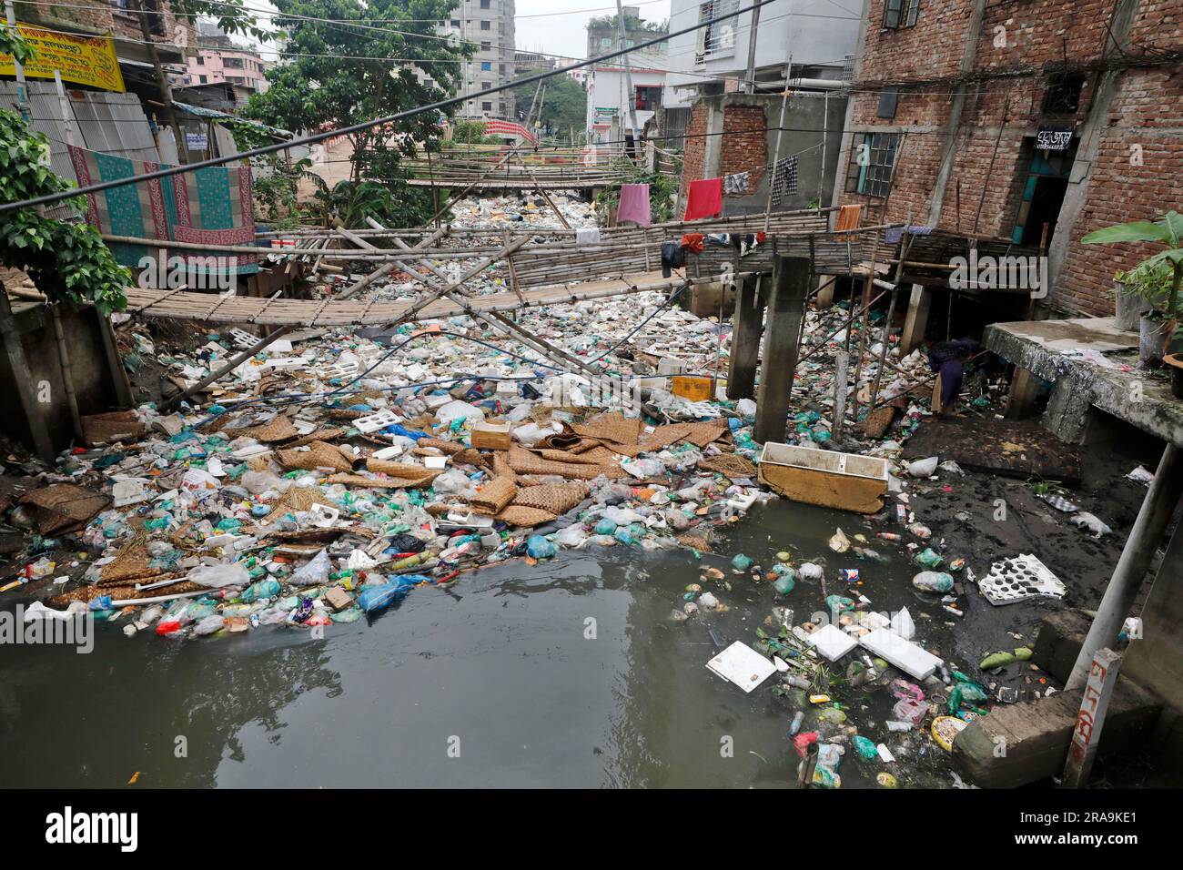 Dhaka, Bangladesh, July 02, 2023 A canal full with wastage plastic