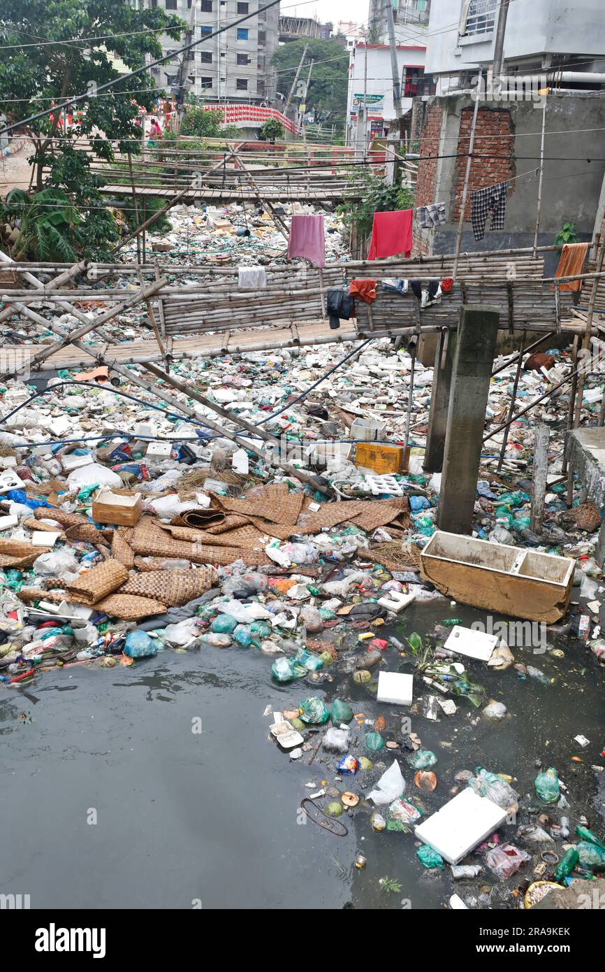 Dhaka, Bangladesh, July 02, 2023 A canal full with wastage plastic