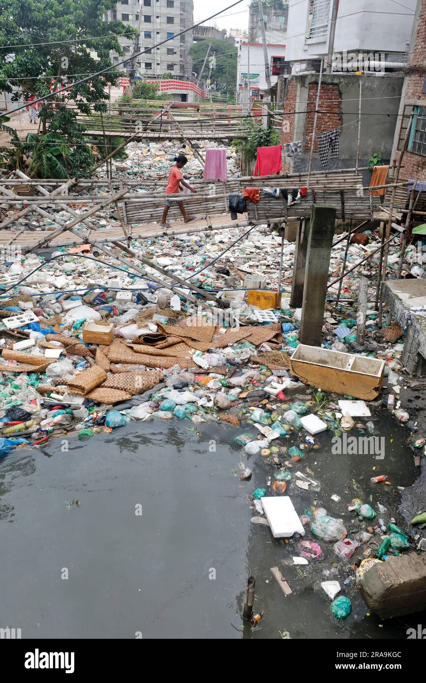 Dhaka, Bangladesh, July 02, 2023 A canal full with wastage plastic