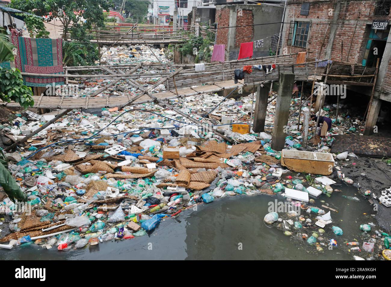 Dhaka, Bangladesh, July 02, 2023 A canal full with wastage plastic
