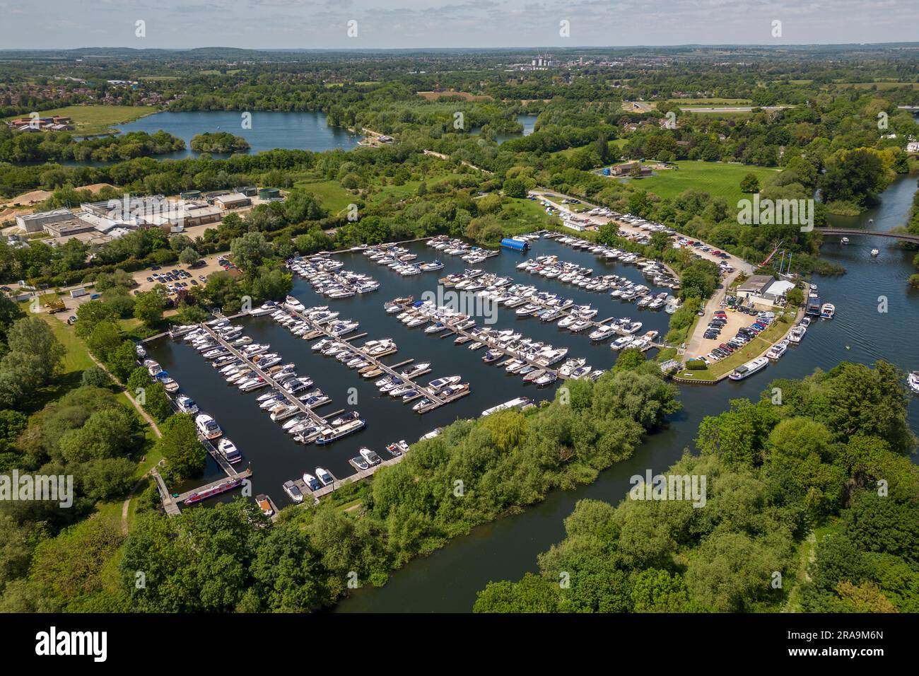 Aerial view of boats moored in Bray Marina beside the River Thames in Bray, Windsor, Berkshire, UK. Stock Photo