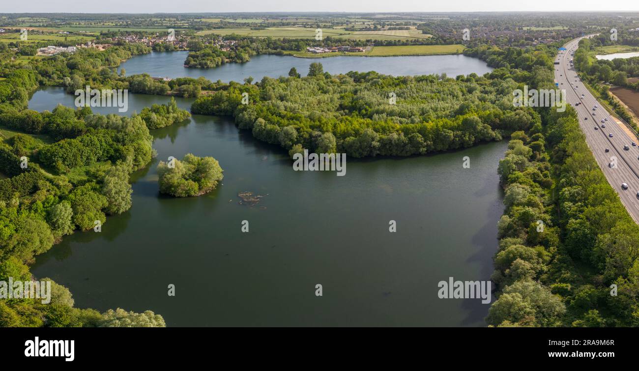 Aerial view of Bray Lake on the River Thames beside M4 motorway near Taplow, Maidenhead, Berkshire, UK. Stock Photo