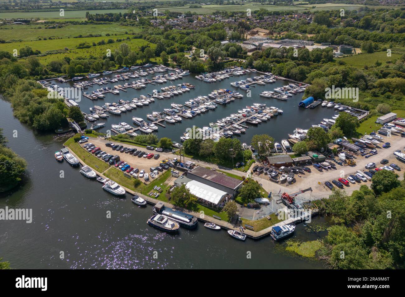 Aerial view of boats moored in Bray Marina beside the River Thames in Bray, Windsor, Berkshire, UK. Stock Photo