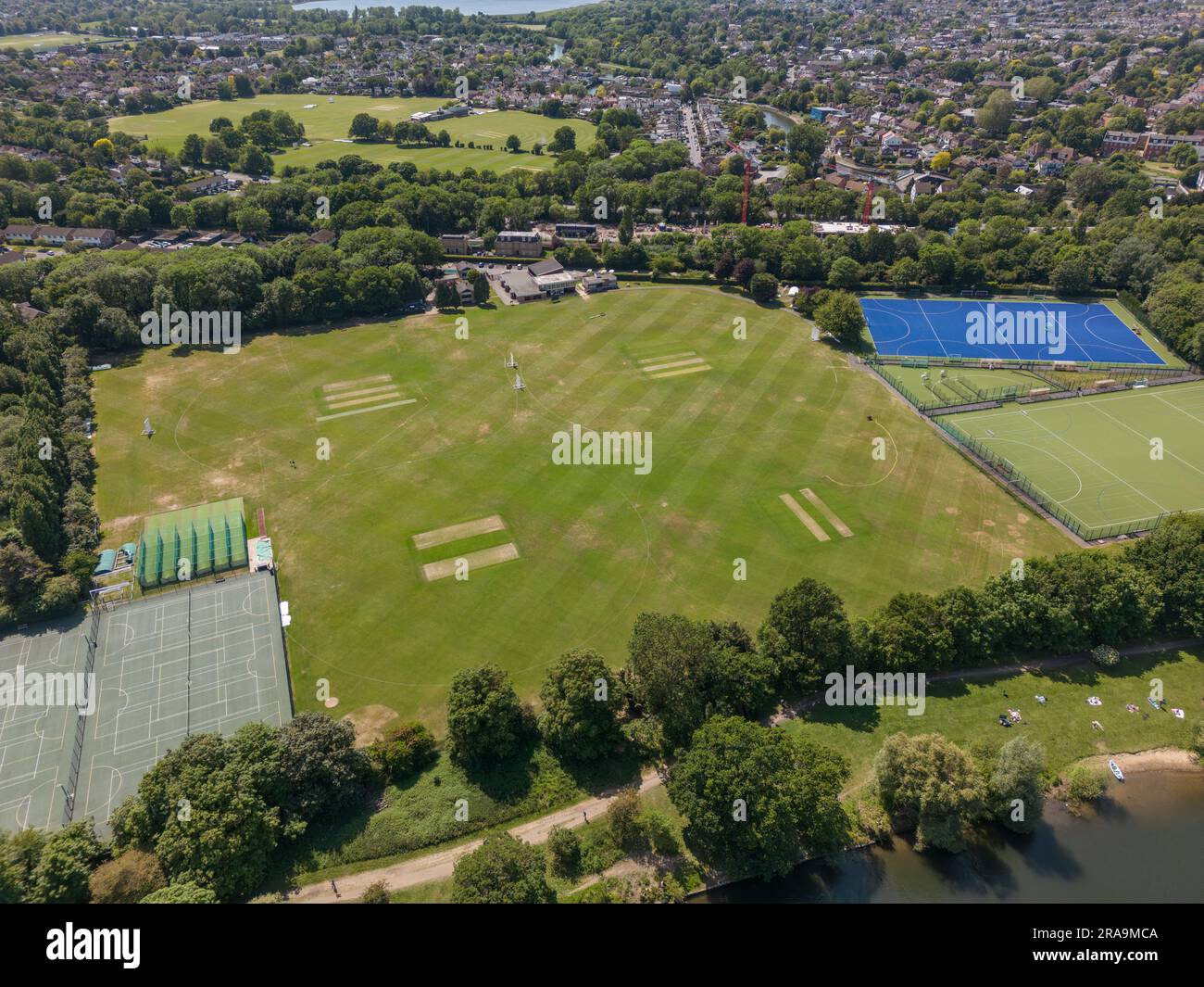 Aerial view of Old Kingstonian Hockey Club beside the River Thames, Thames Ditton, UK. Stock Photo
