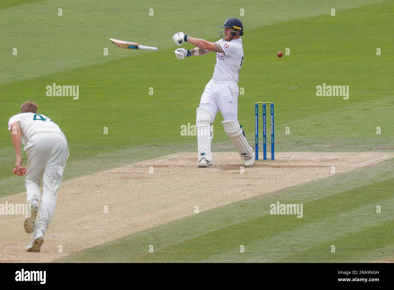 London, UK. 2nd July, 2023. England's Ben Stokes looses the grip of his ...