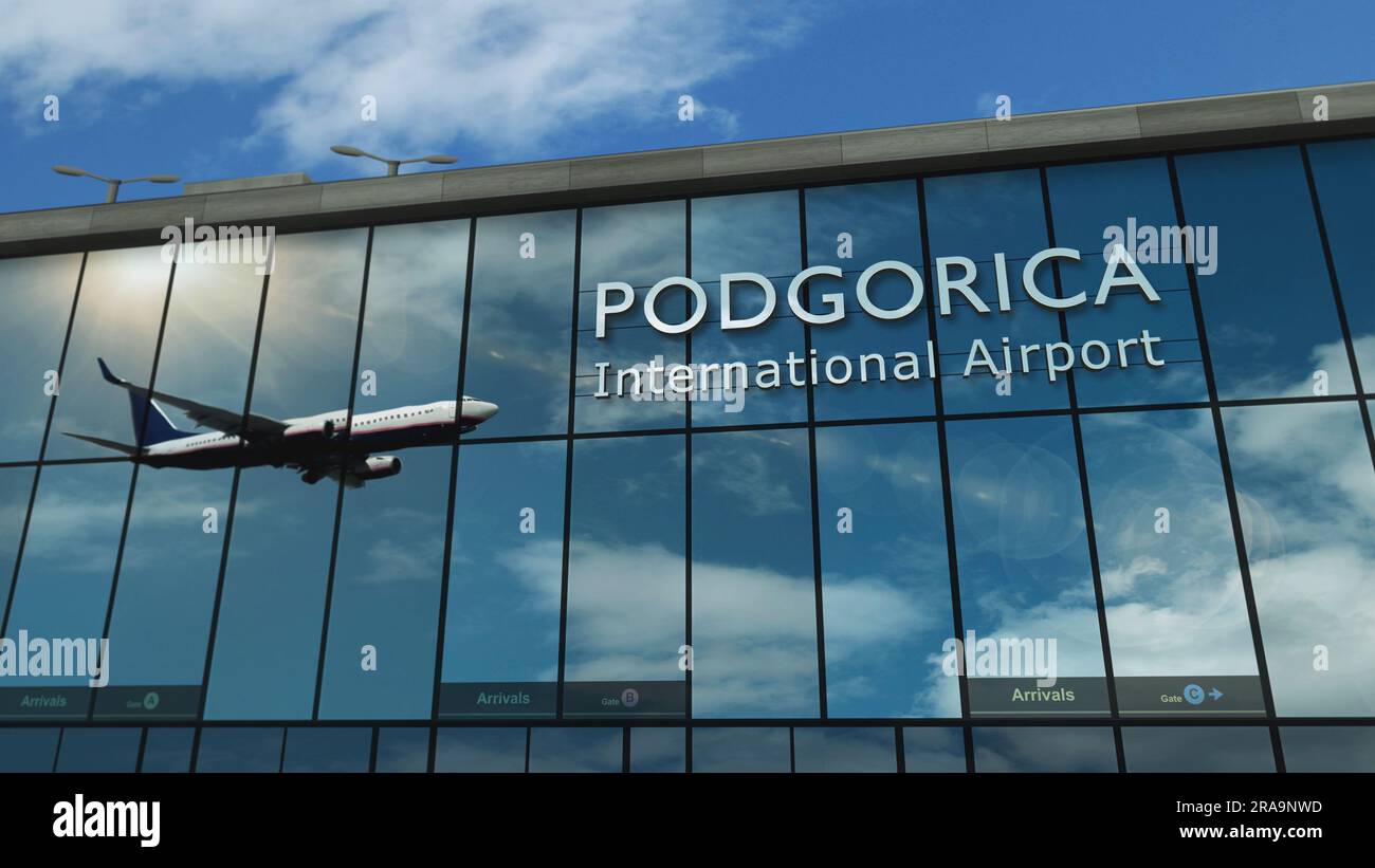 Aircraft landing at Podgorica, Montenegro 3D rendering illustration