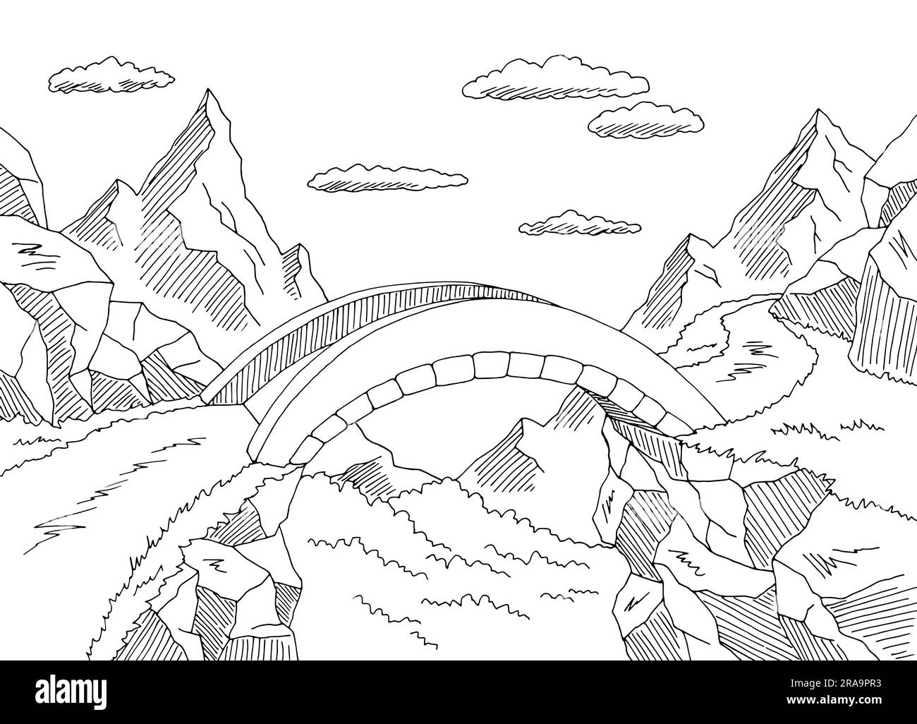 Bridge in mountain graphic black white landscape sketch illustration vector Stock Vector