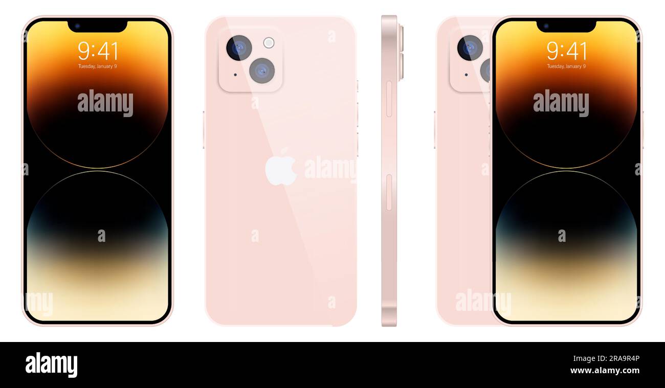 Apple iPhone 14. Smart phone. Available in pink color. New iPhone 14 pro max. Mock-up screen iphone and back side iphone. By Apple Inc. Editorial Stock Vector