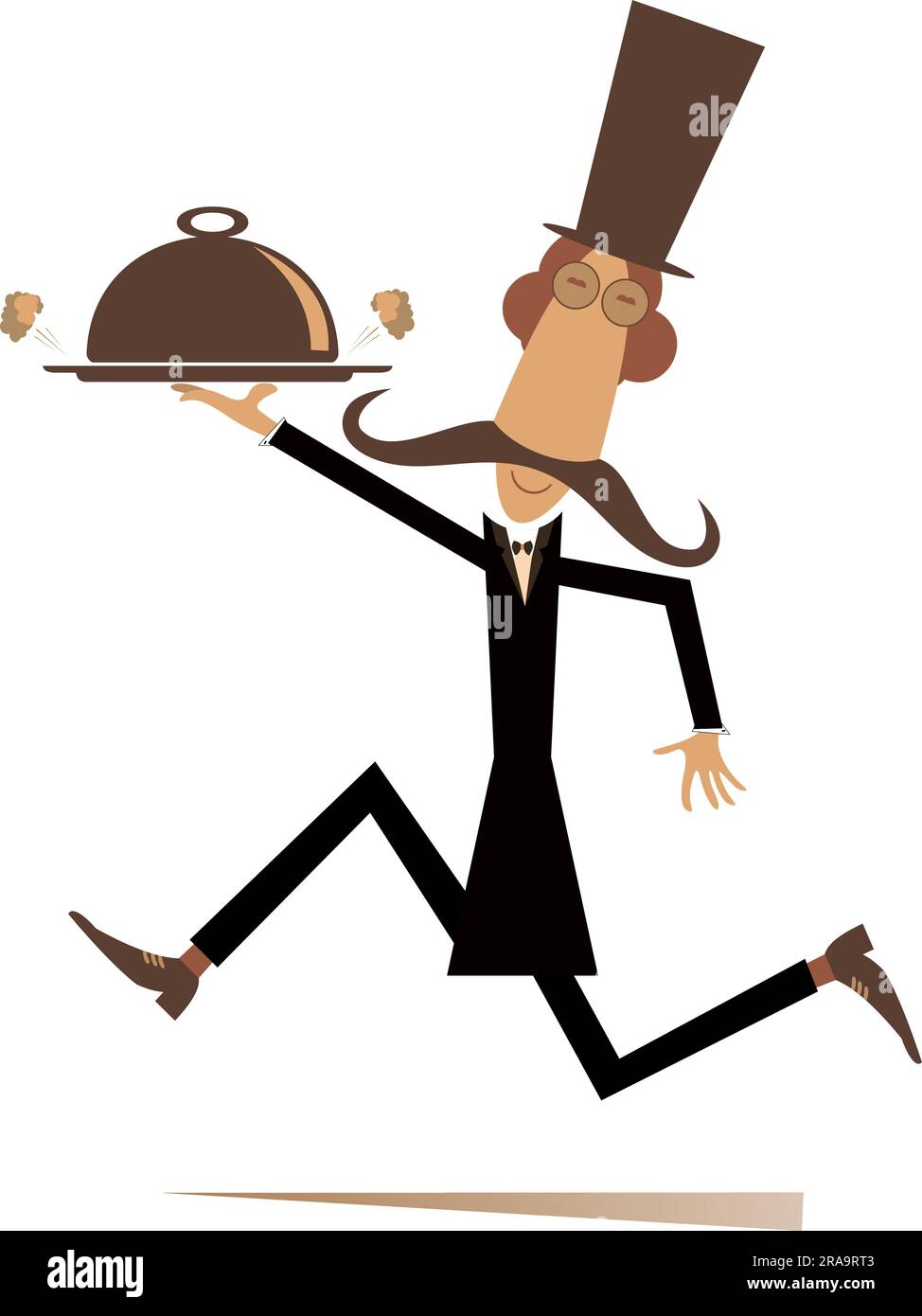 Man carries a cloche serving plate. Running long mustache man in the