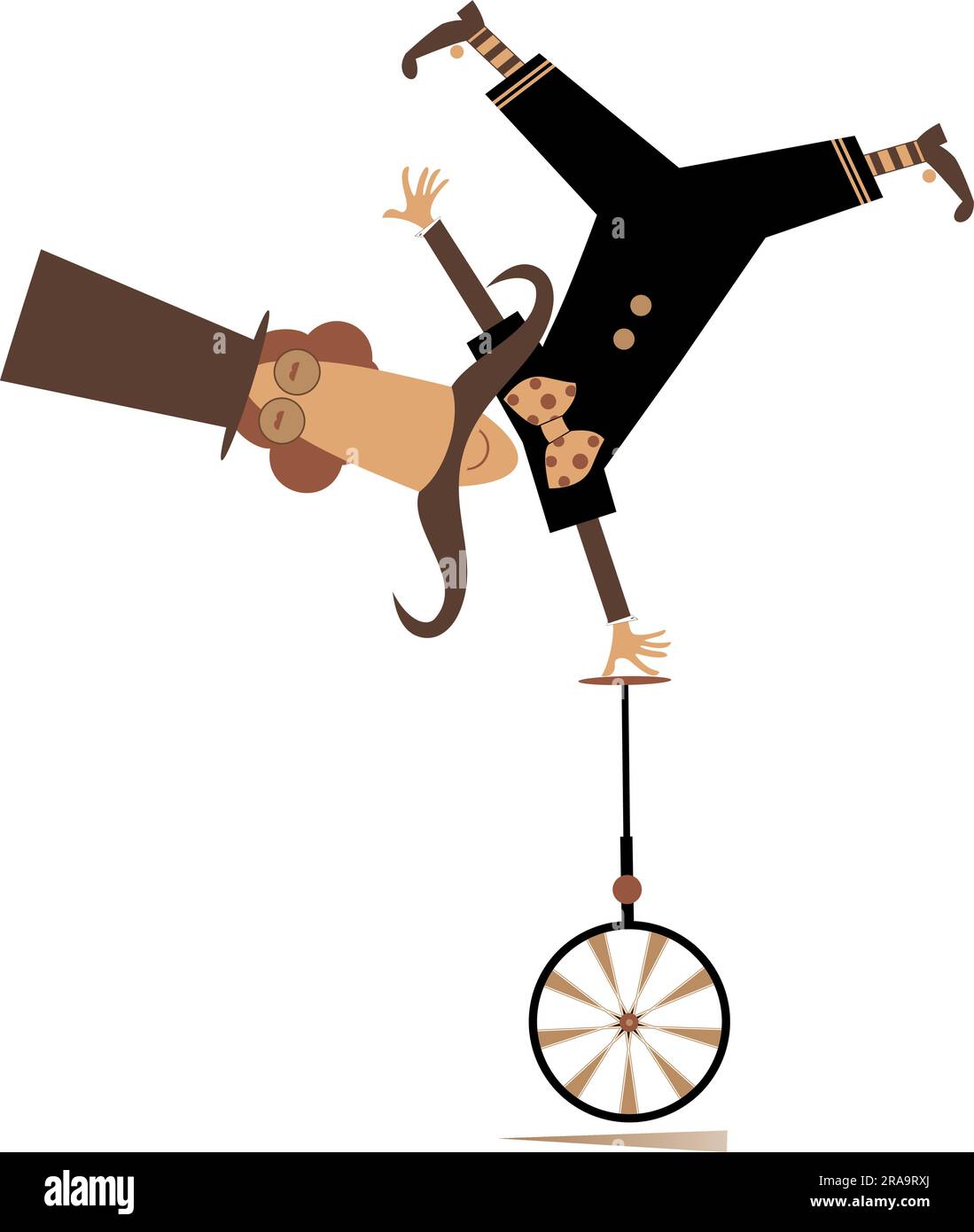 Funny man in the top hat balances on the unicycle.  Cartoon in the top hat balances legs up on unicycle Stock Vector