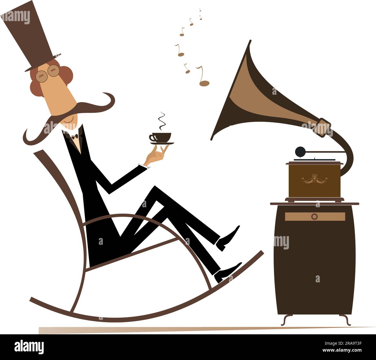 Long mustache man in the top hat rests in the rocking chair with a cup of coffee and retro record player Stock Vector