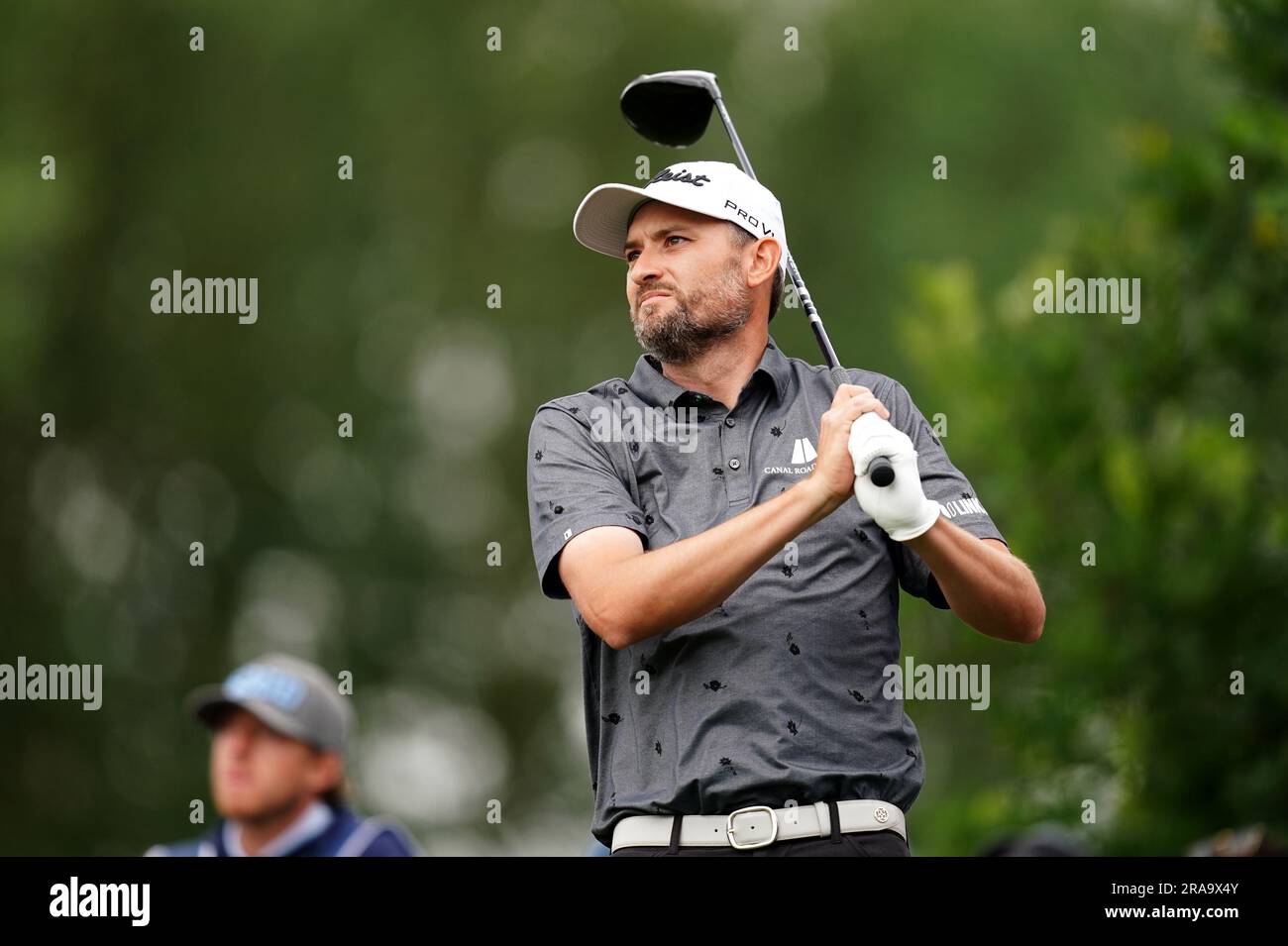 Gunner Wiebe of USA on the eighteenth tee during day four of the Betfred British Masters at The Belfry, Sutton Coldfield. Picture date: Sunday July 2, 2023. Stock Photo