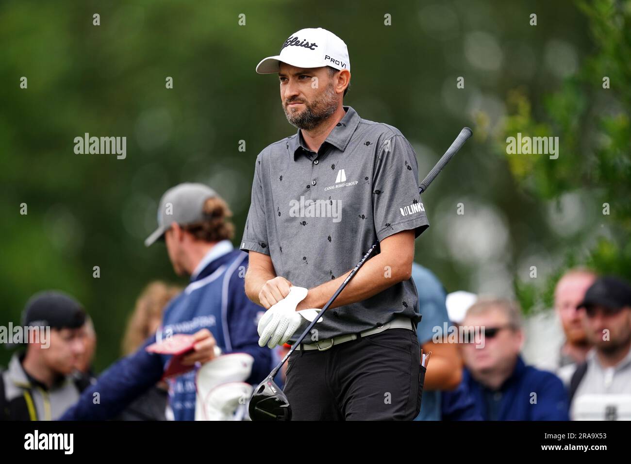 Gunner Wiebe of USA on the eighteenth tee during day four of the Betfred British Masters at The Belfry, Sutton Coldfield. Picture date: Sunday July 2, 2023. Stock Photo