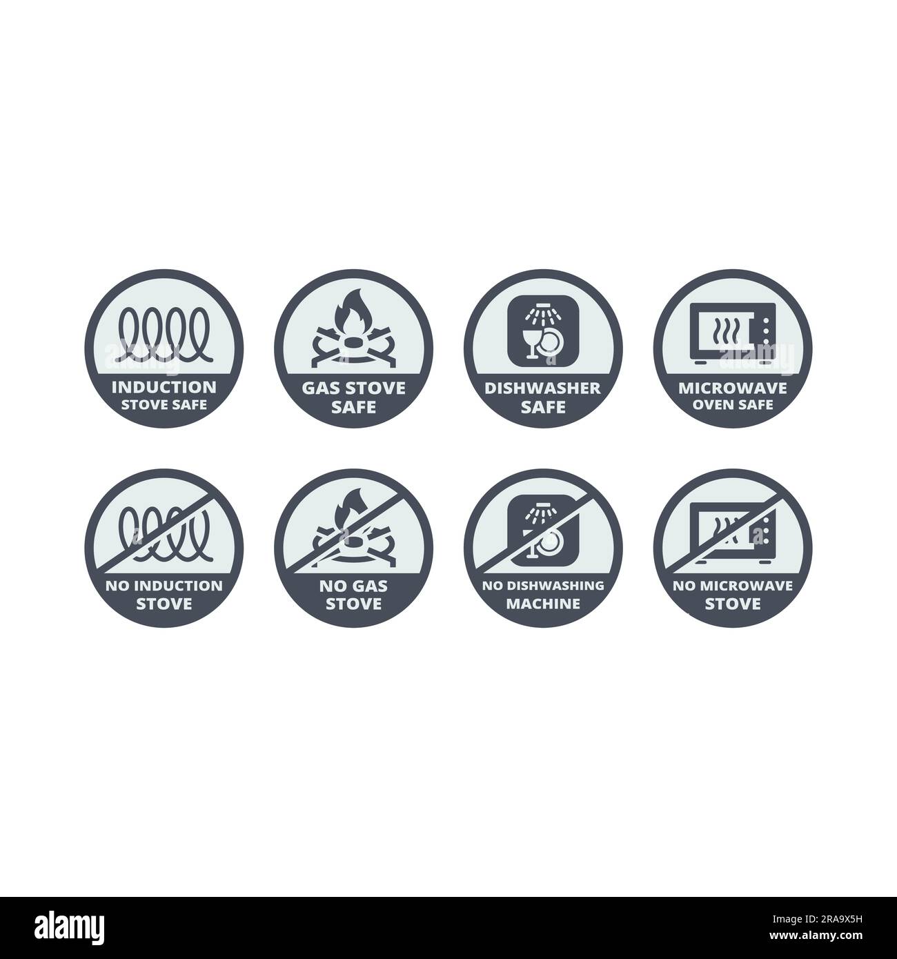 Induction and gas stove safe vector label set. Dishwasher and microwave