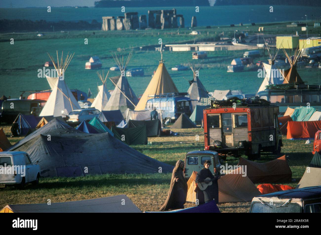 Stonehenge Free Festival at the summer solstice - June 21st. The hippy camp, the festival lasted three days. Wiltshire, England June 21st 1979.  1970s UK HOMER SYKES Stock Photo
