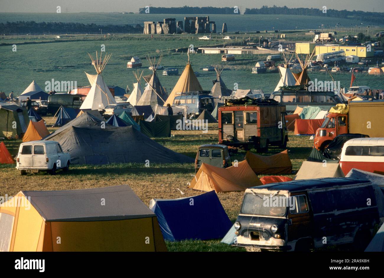 Stonehenge Free Festival at the summer solstice, Wiltshire, England June 21st 1979.  The hippy camp, the festival lasted three days. 1970s UK HOMER SYKES Stock Photo