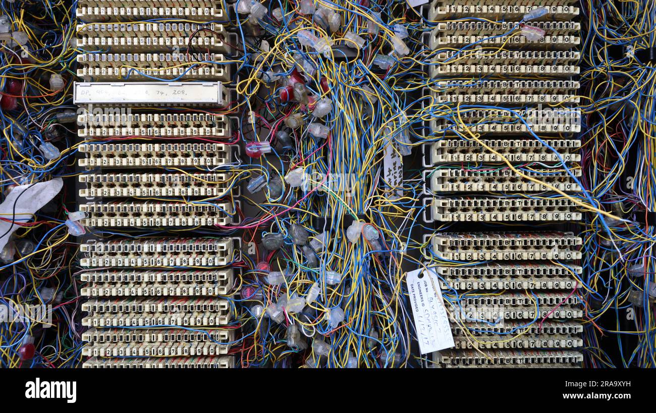 Tangled wires and fuses in a telephone utility box Stock Photo Alamy