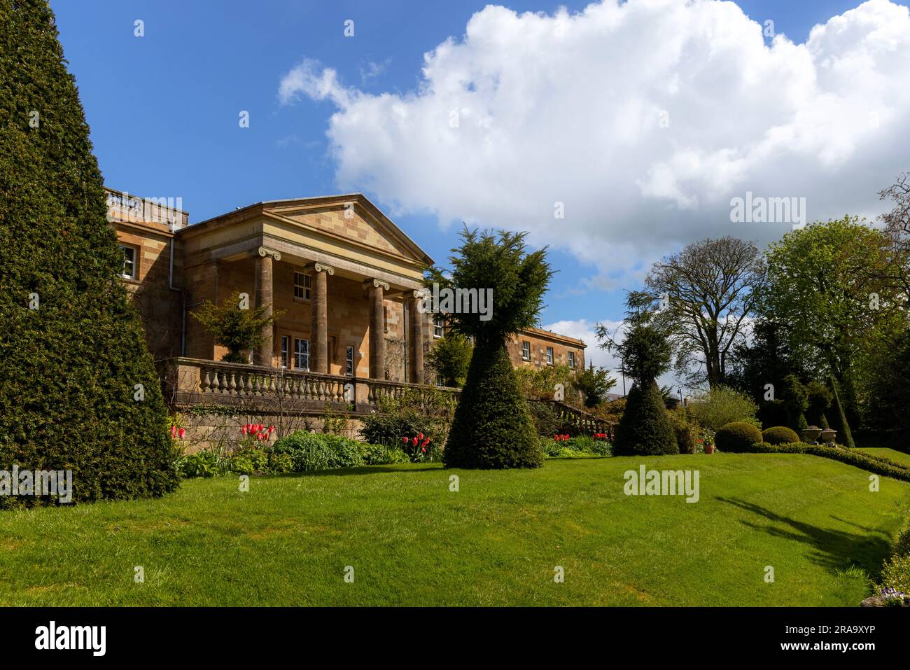 Pillared portico of Hillsborough Palace, an Irish government building and royal residence, County Down, Northern Ireland. Stock Photo