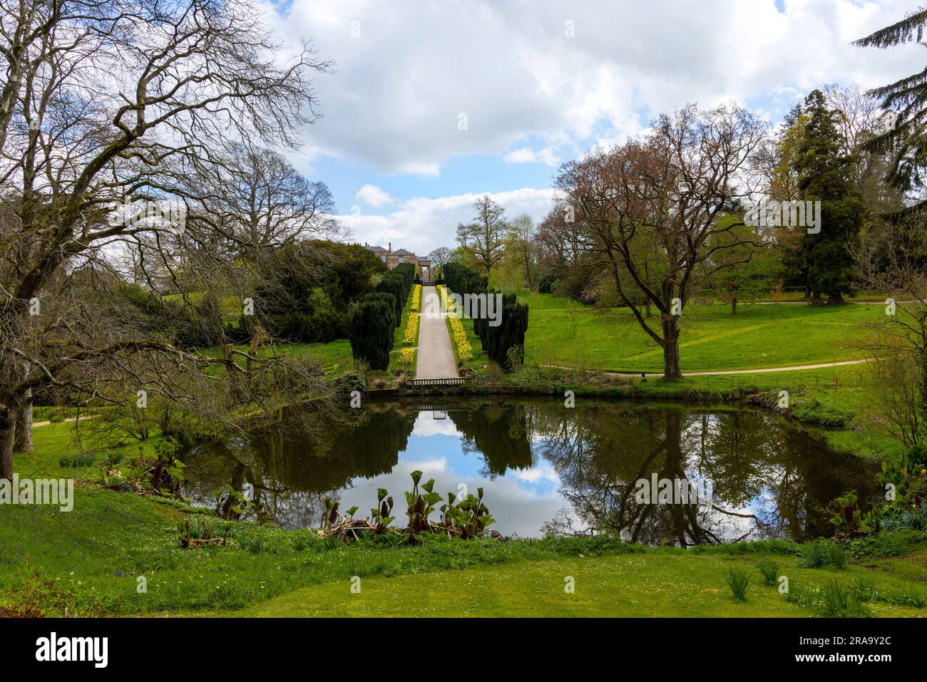 View of the Yew tree walk towards Hillsborough Palace, formerly known as Hillsborough Castle, Co. Down, Northern Ireland. Stock Photo