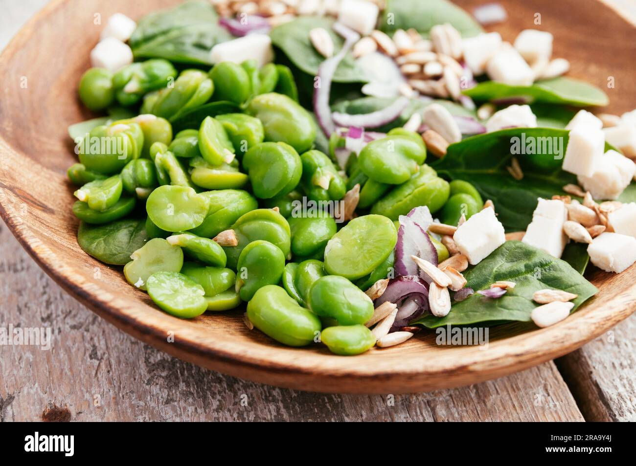 A fresh salad with shelled fava beans, baby spinach leaves, red onion, pine nuts and crumbled soy cheese. Stock Photo