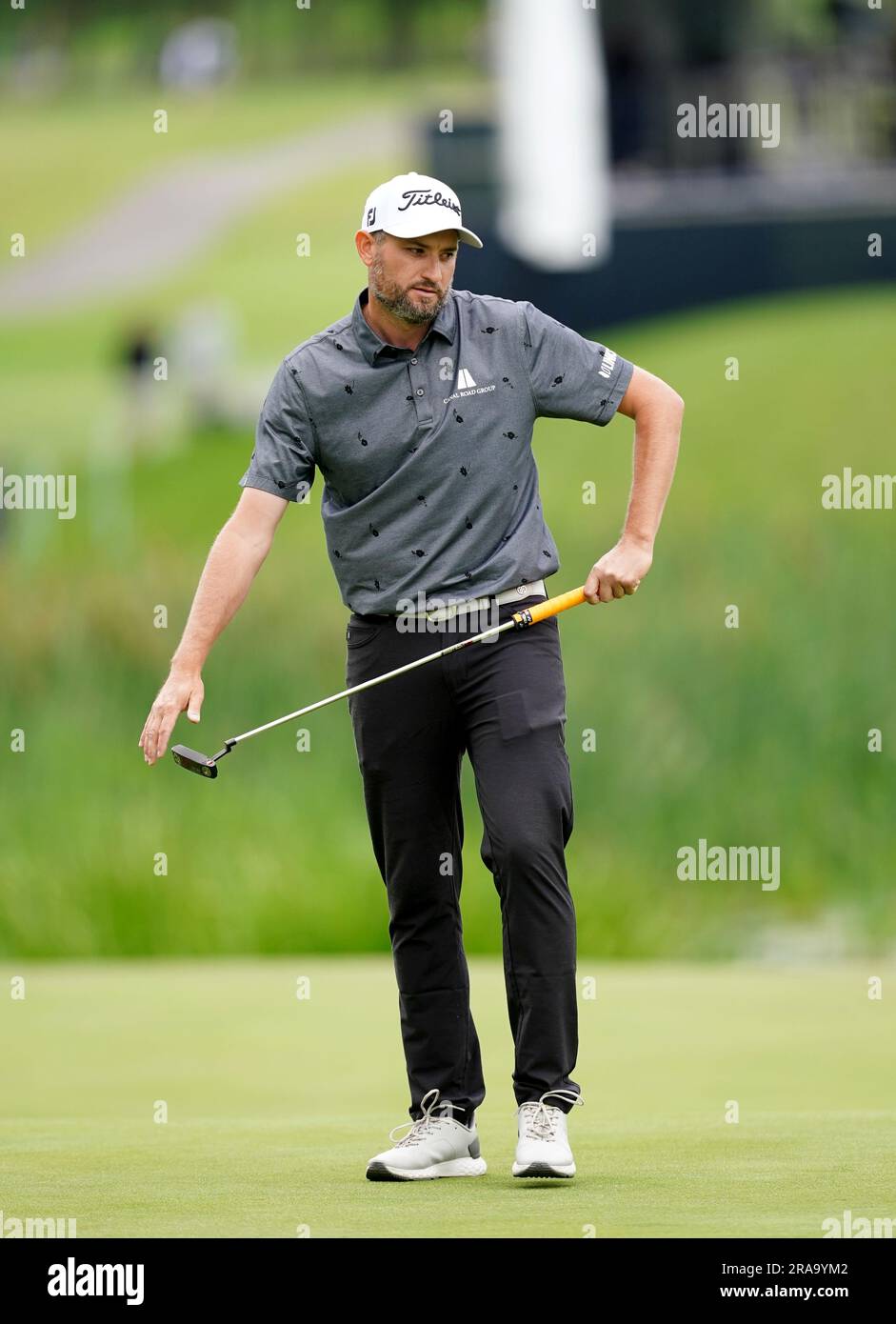 Gunner Wiebe of USA on the eighteenth hole during day four of the Betfred British Masters at The Belfry, Sutton Coldfield. Picture date: Sunday July 2, 2023. Stock Photo