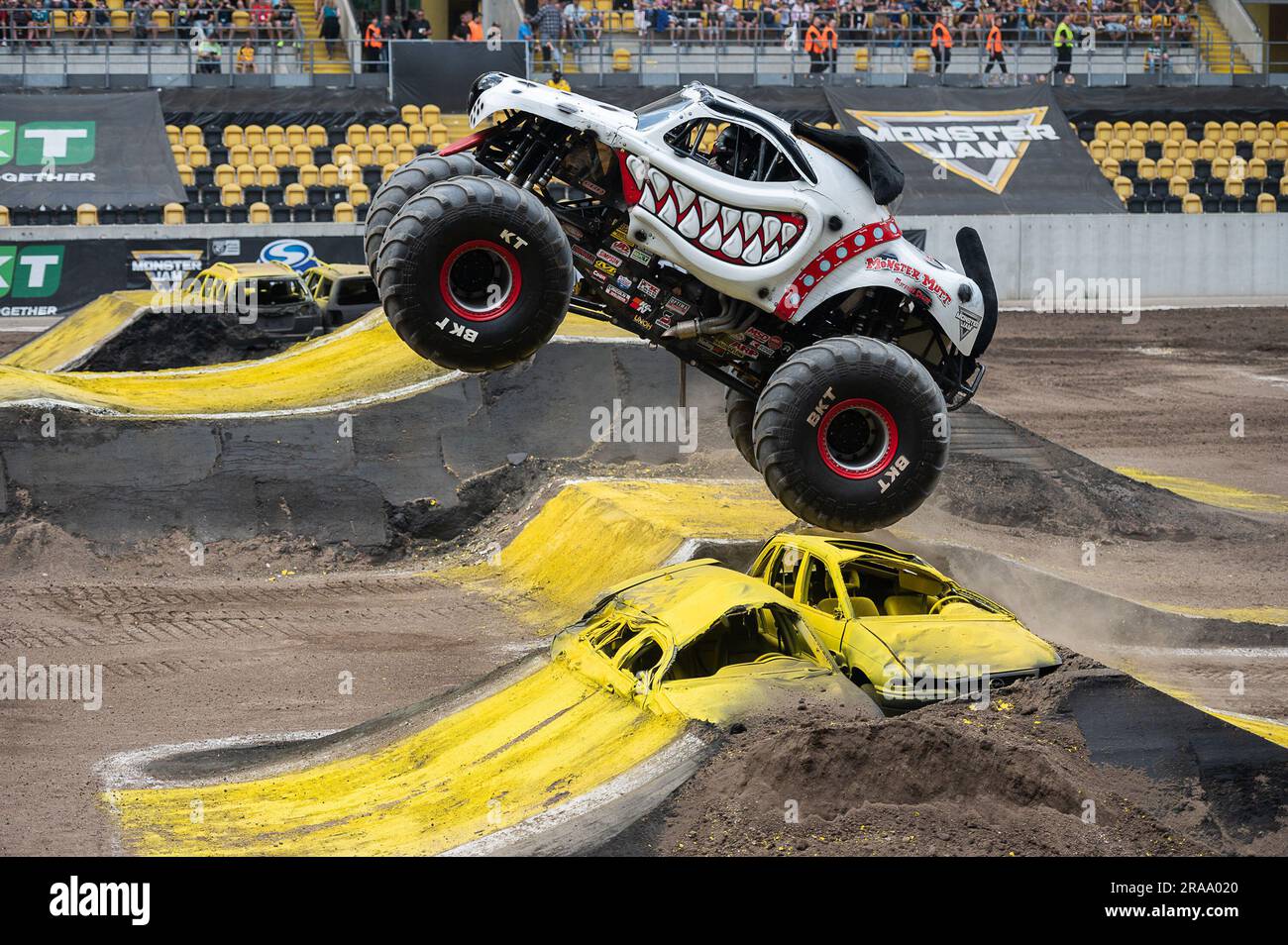 Dresden, Germany. 02nd July, 2023. Monster truck 'MONSTER MUTT DALMATIAN' with driver Myranda Cozad jumps over a ramp at the monster truck show 'Monster Jam' at the Rudolf Harbig Stadium in Dresden. Credit: Paul Glaser/dpa/Alamy Live News Stock Photo
