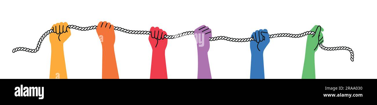 Diverse people hands holding rope. Teamwork, hands up. Solidarity concept. Hand drawn vector illustration. Stock Vector