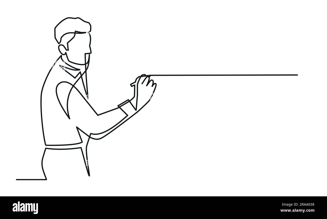 Manager gives short briefing and writes it down at board with marker. One continuous line drawing. Stock Vector