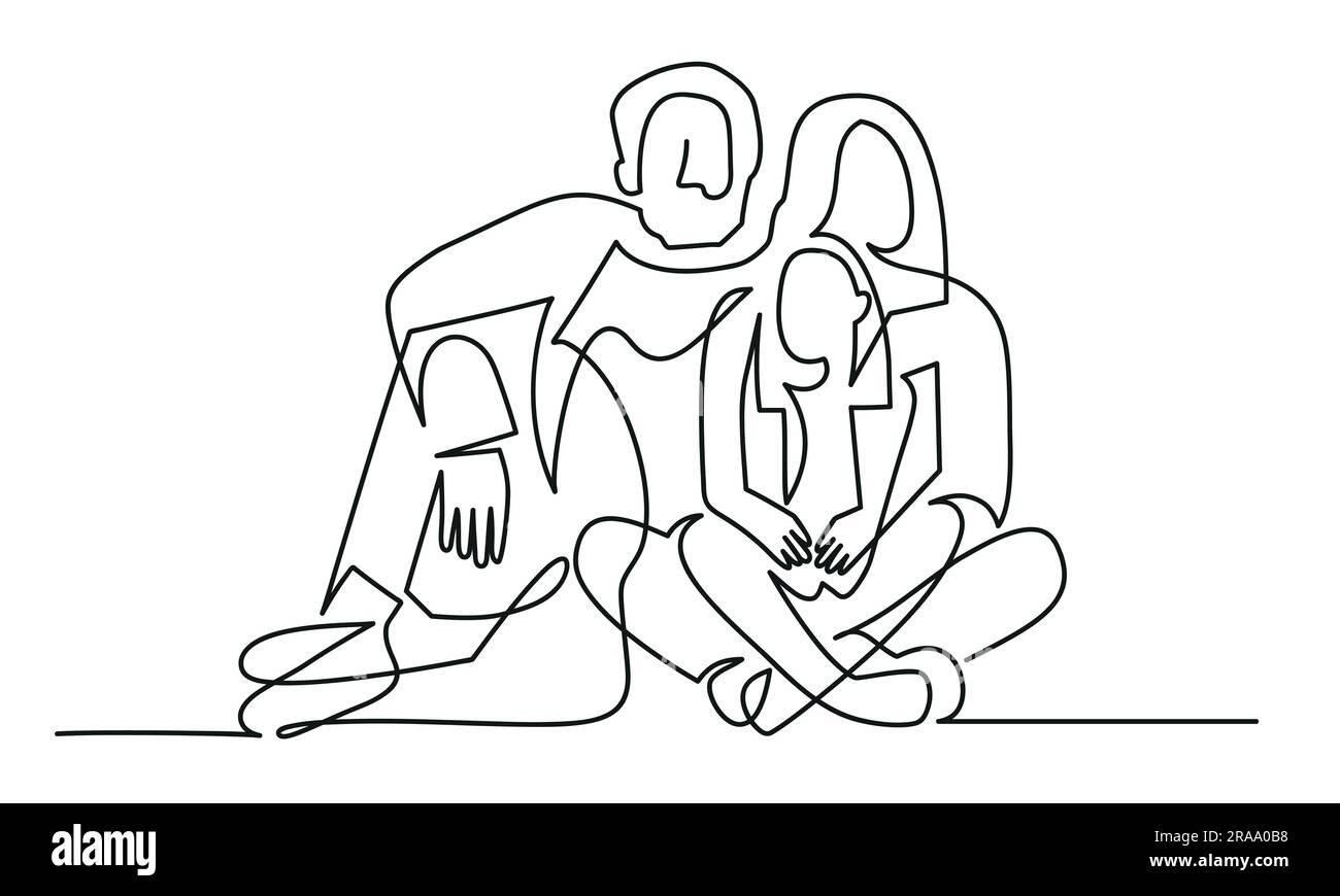 Happy family together. People sitting on the floor and hugging. One continuous line drawing. Stock Vector