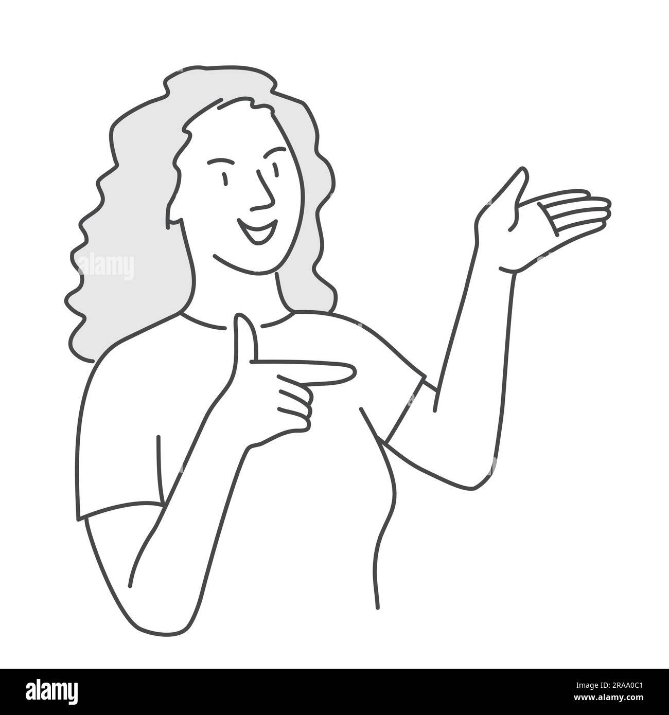 Woman make a gesture of pointing and guiding. Hand drawn vector illustration. Stock Vector