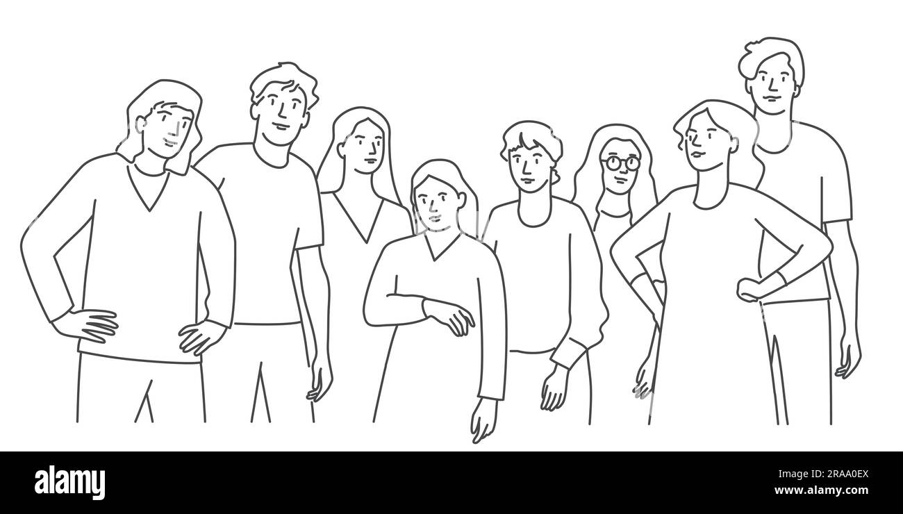 Portrait of people, men and women standing together. Hand drawn vector ...