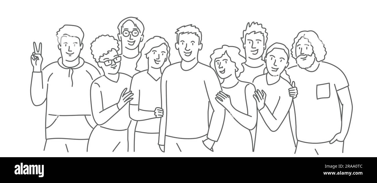 Happy work team stand together show unity and support. Teamwork and cooperation. Hand drawn vector illustration. Stock Vector
