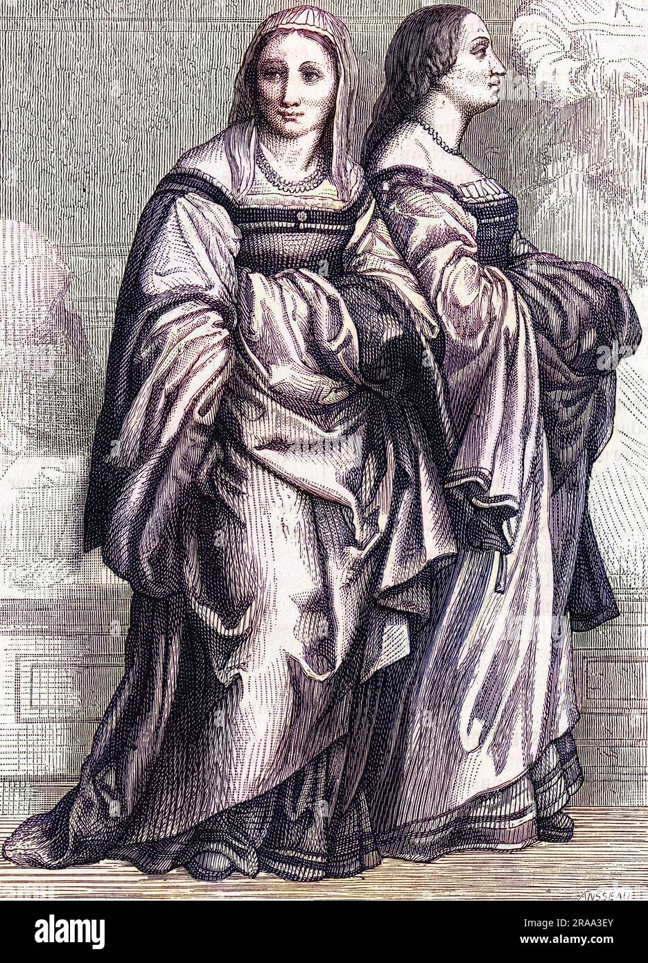 LUCREZIA DEL FEDE, DEL SARTO wife of Andrea, depicted (on the left) in a fresco by Andrea in the cortile de l'Annunciata at Fiesole.     Date: circa 1500 Stock Photo