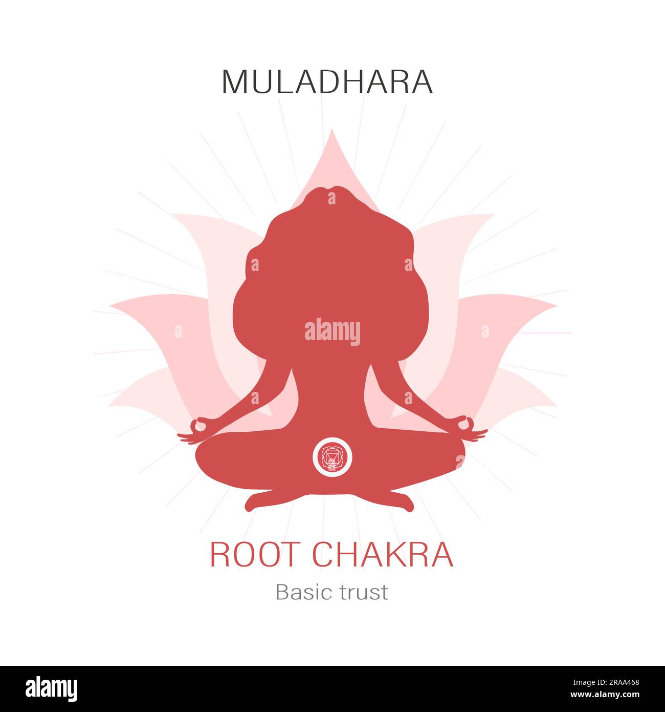 Sahasrara location. First, root chakra symbol. Female silhouette meditating in lotus position. Work with subconscious. Indian culture. Flat vector Stock Vector