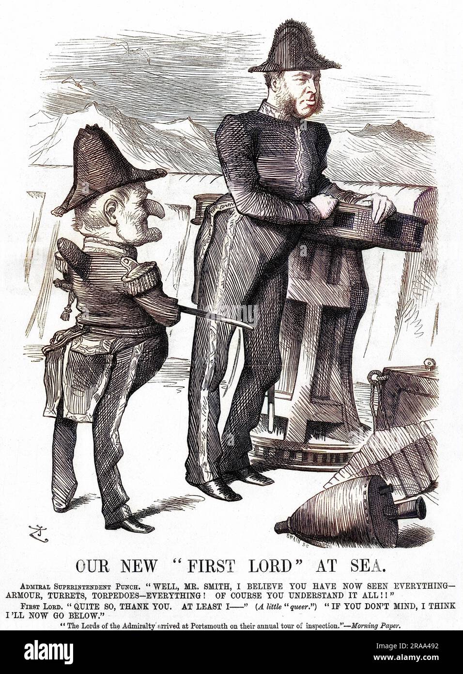 Cartoon, Our New First Lord at Sea -- WILLIAM HENRY SMITH depicted as First Lord of the Admiralty, not feeling altogether at ease in his new job.     Date: 1877 Stock Photo