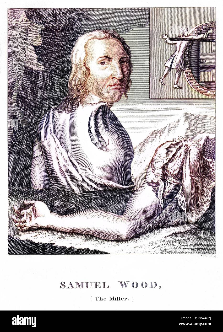 SAMUEL WOOD - miller who had to operate his mill single- handed on account of how he lost the other one in an unfortunate accident, as depicted.     Date: circa 1737 Stock Photo