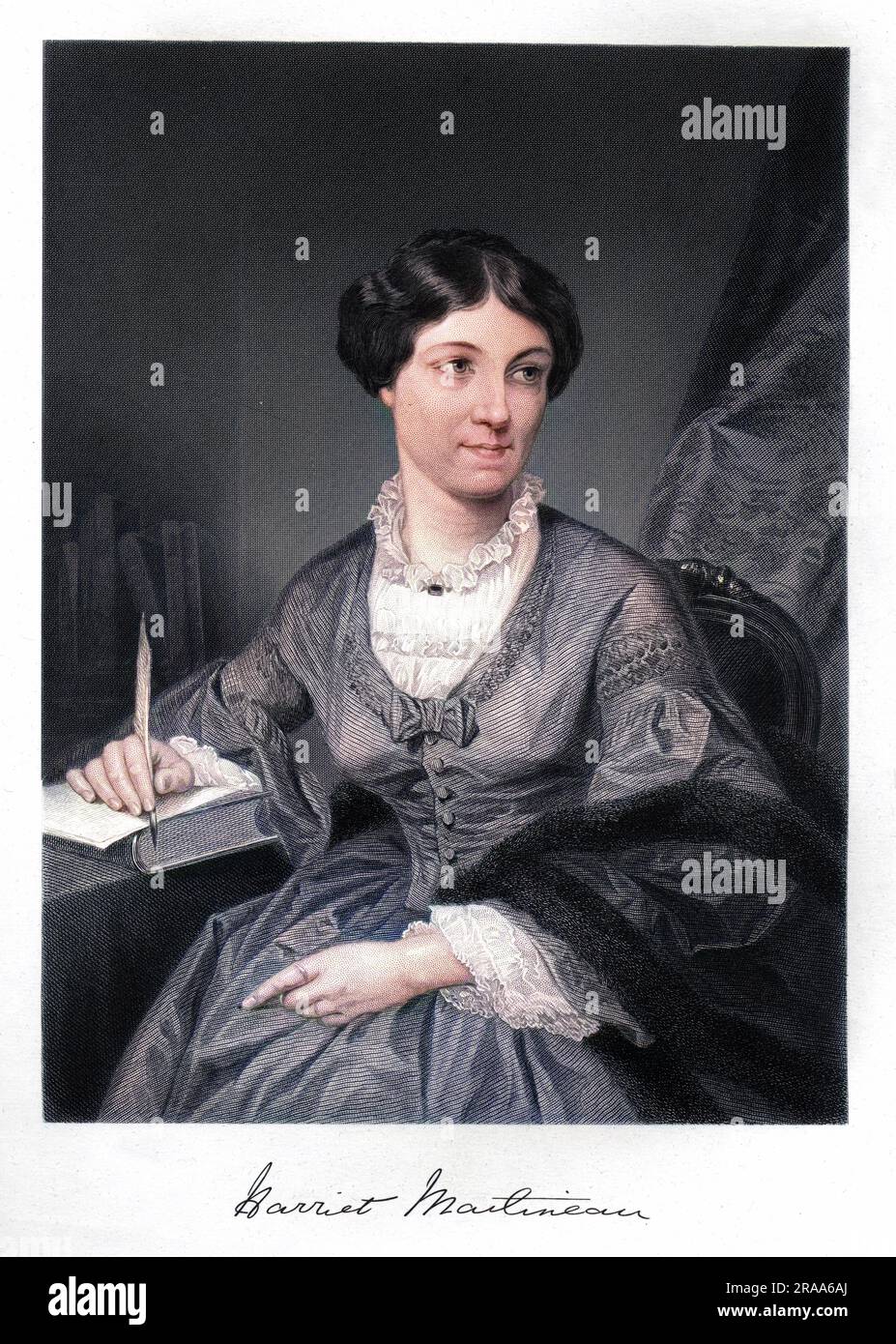 HARRIET MARTINEAU (1802 - 1876), writer on social and political subjects who was cured of an illness through mesmerism.                   with her autograph. Stock Photo