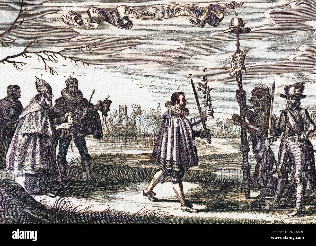 When the 12-year truce ends, the Dutch lion is aoproached by Petrus Peccius, chancellor of Brabant, offering olive branch or sword, watched by pope and king of Spain.     Date: 1621 Stock Photo