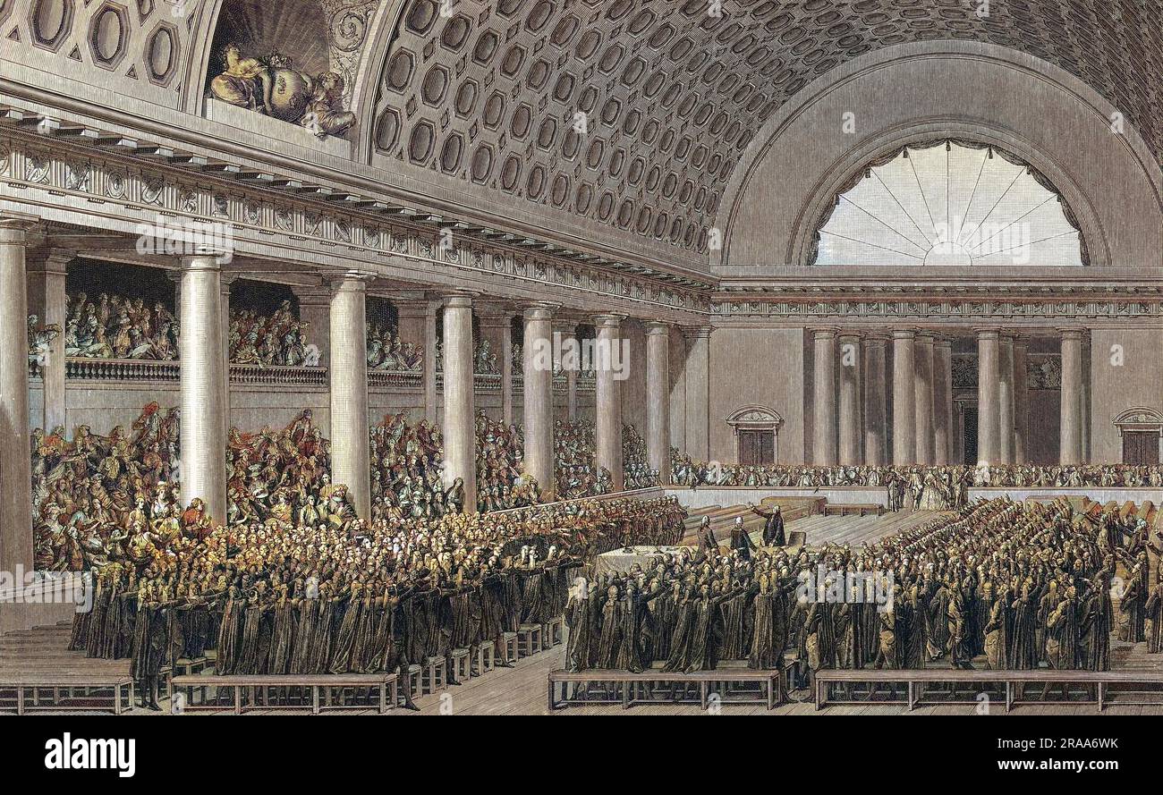 The delegates take their oath at the National Assembly held in the salle des Menus Plaisirs du Roi at Versailles.     Date: 17 June 1789 Stock Photo