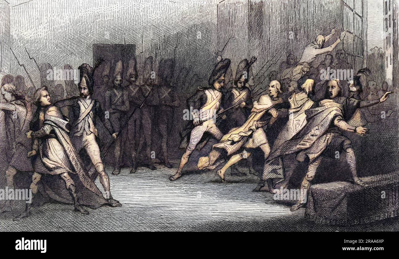 Napoleon is assailed as 'Tyrant' and 'Dictator' by the Conseil des 500 in the Orangerie de Saint-Cloud : he dissolves the assembly and assumes power as First Consul     Date: 9-10 November 1799 Stock Photo